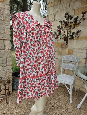 Wenrine Polyester Butterfly Garden Red Cotton Floral Button Front Mini Dress XL